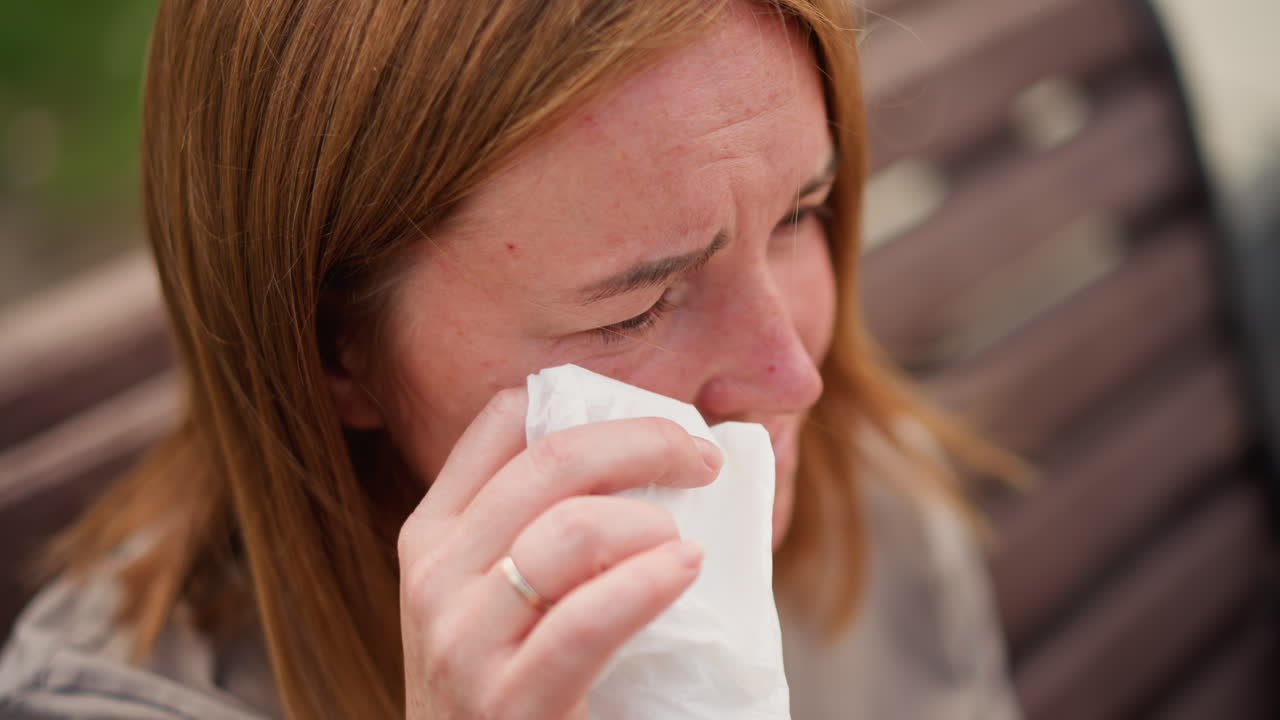 Close up of sad woman wiping tears with tissue outdoors, emotional face showing sorrow and loneliness, soft blurred background of green park enhances mood of reflection