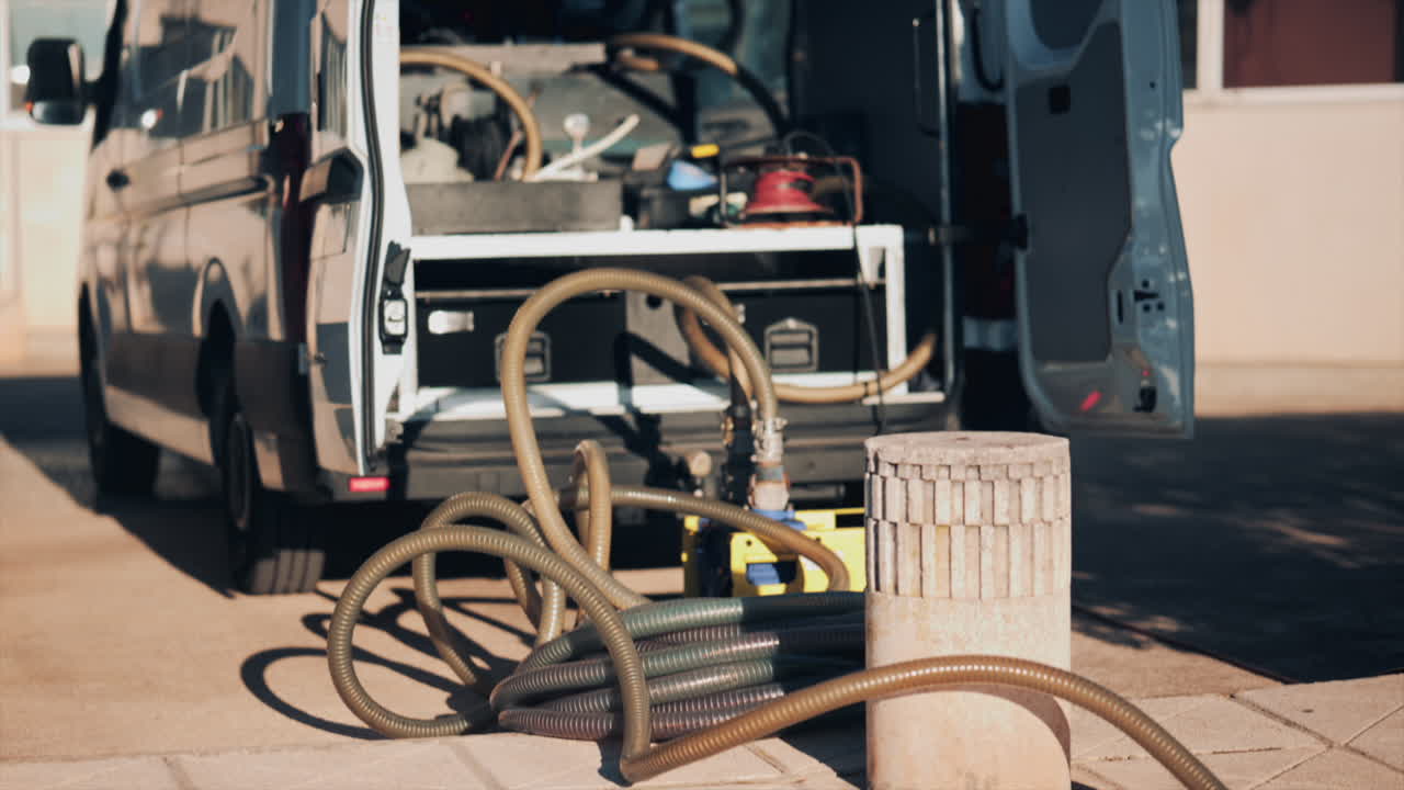 Parked work van with hoses and industrial tools in sunlight