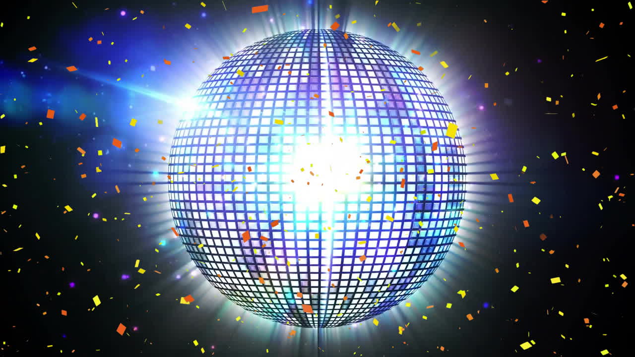 animación de confeti cayendo sobre la pelota de discoteca del espejo sobre fondo negro