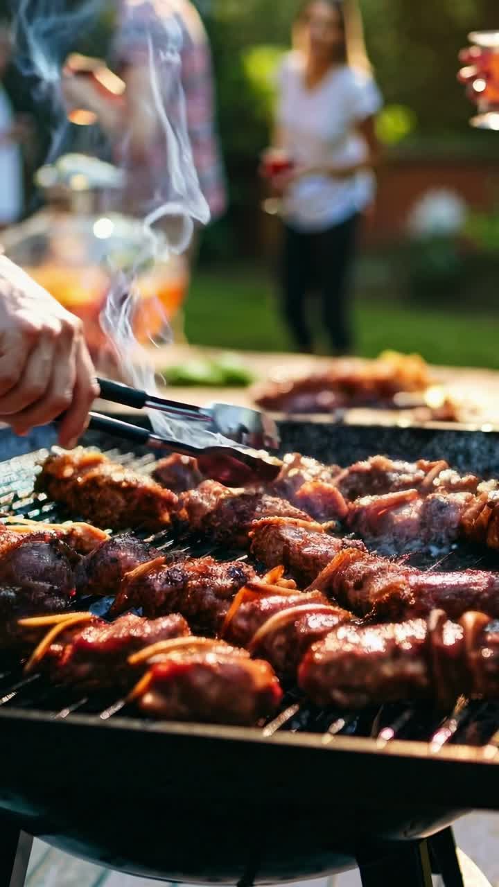 Close-up of skewers grilling with blurred people in the background, captured at a low angle