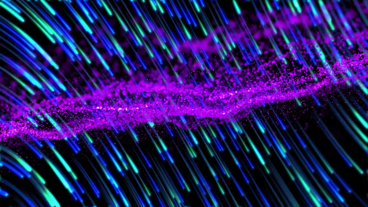 Purple particle band swirling across abstract 3D render, with neon cyan and blue light trails