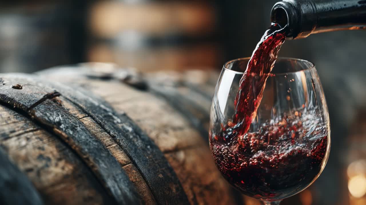 Vinho tinto encorpado sendo servido em uma taça com um barril de carvalho ao fundo, capturando a essência de vinhos finos e do trabalho artesanal em um ambiente elegante