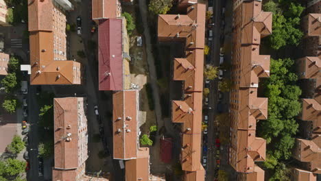 Aerial-top-shot-over-a-popular-suburb-Madrid-Spain-sunny-day