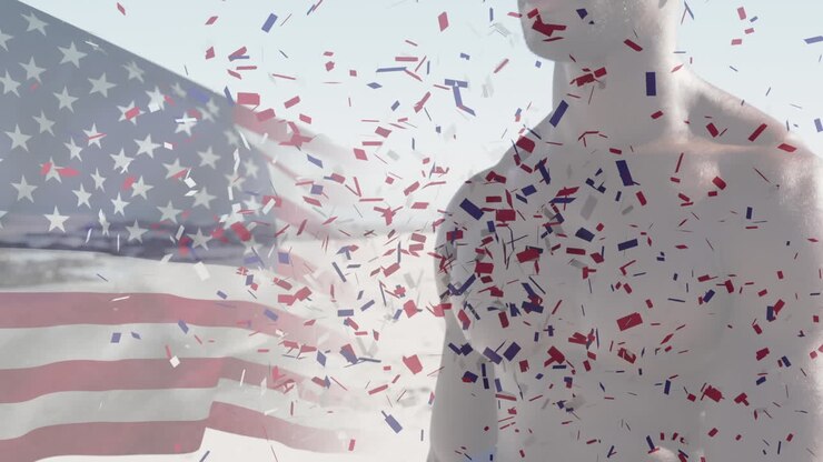 Animation of american flag waving and confetti falling over man admiring view on the beach