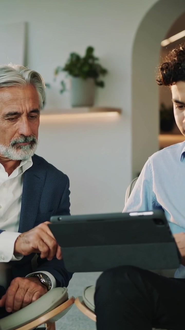 Video vertical: Un junior sosteniendo una funda de tablet, siguiendo a un senior que señala en un salón para aprender, ambos en traje.