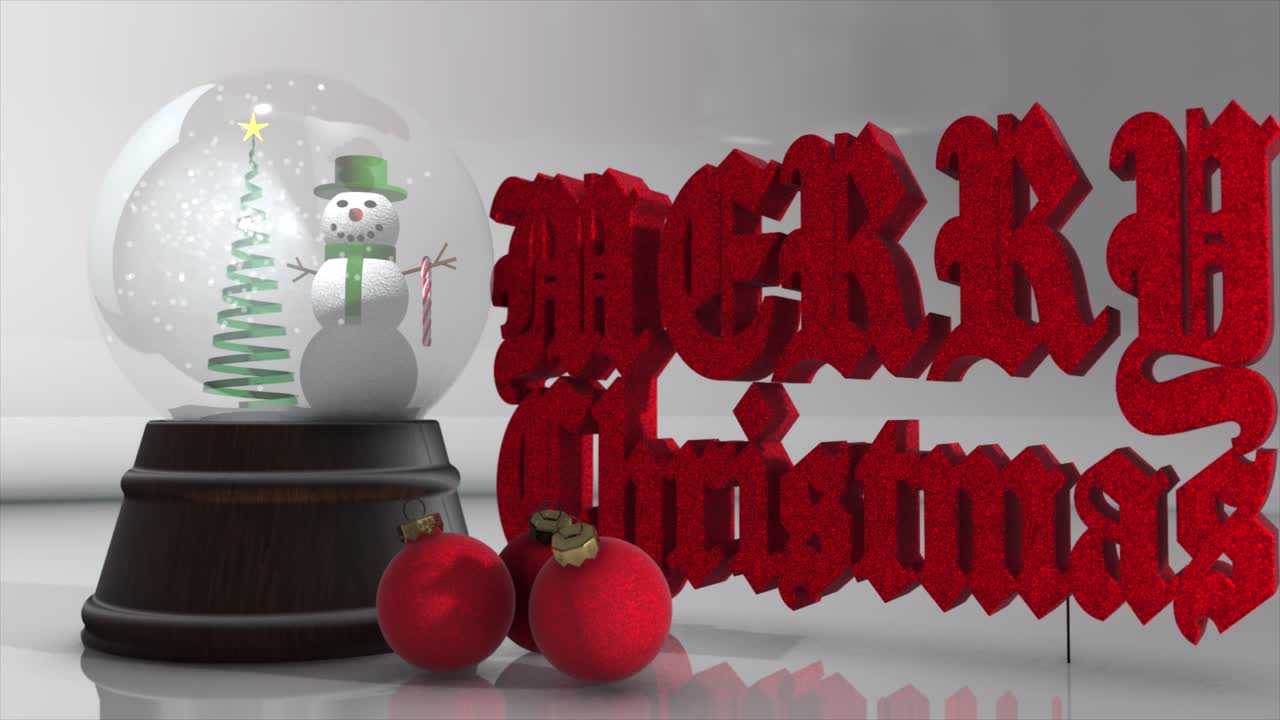 빨간색 반짝이는 크리스마스 장식과 눈사람 스노우 글로브가 매끄러운 배경에 있는 세련되고 매우 사실적인 3d cgi 그래픽, 3d 빨간색 반짝이에 고전적인 메리 크리스마스 메시지가 포함되어 있습니다.
