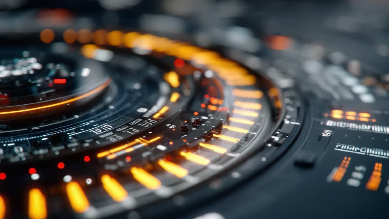 A Close-Up View of a Futuristic Control Interface Display with Rotating Circular Elements and Illuminated Components in a High-Tech Environment