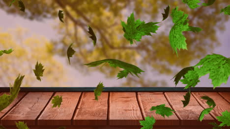 animation of autumn leaves falling over trees and wooden surface