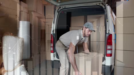 animation of financial data processing over delivery man loading up car outside of warehouse