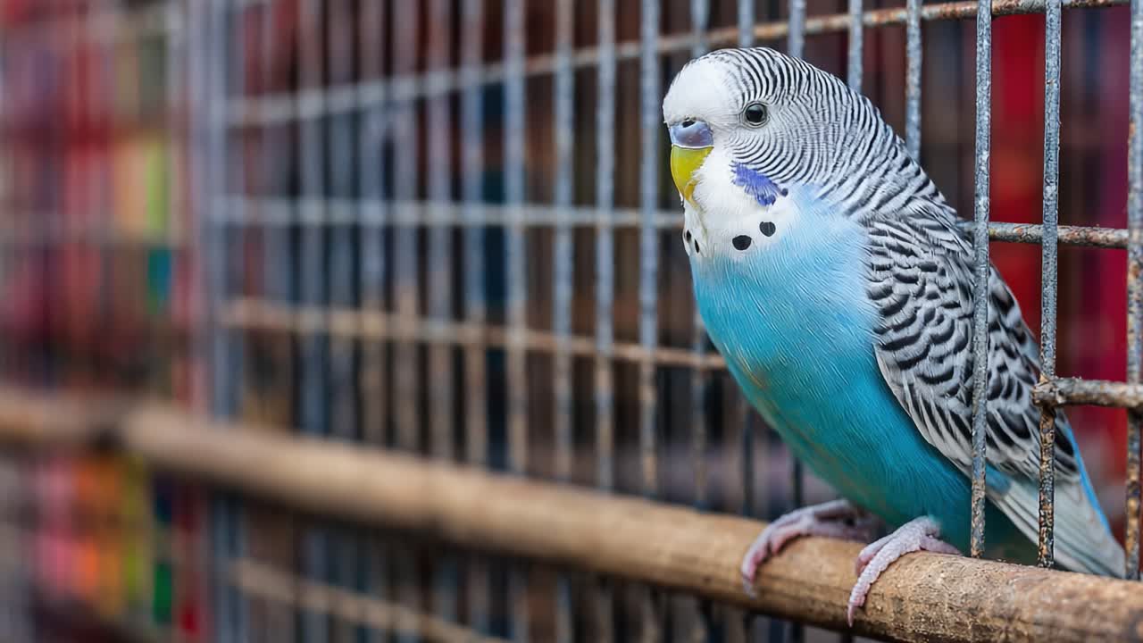 A Colorful Budgerigar Perched in a Cage, Showcasing Its Vibrant Feathers and Charming Personality in a Close-Up Perspective