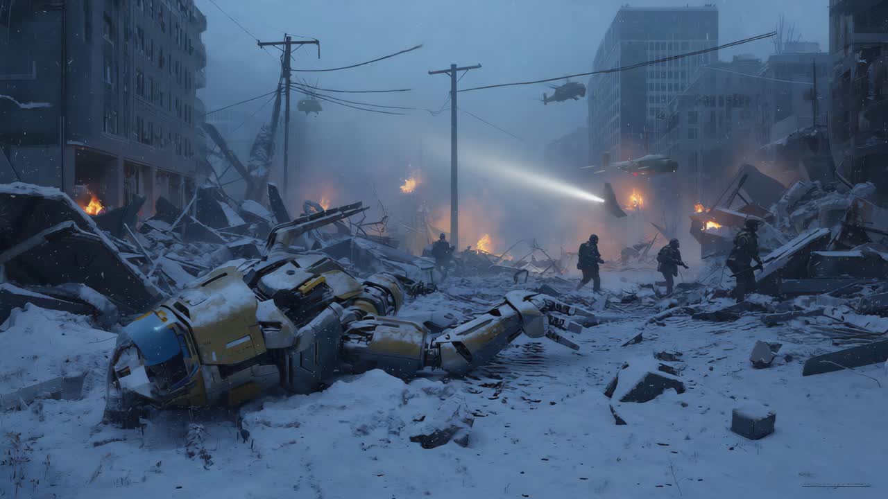 War-torn city with robots and soldiers