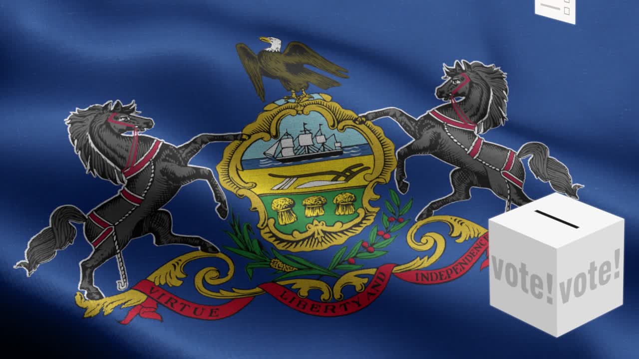 펜실베이니아 주 - 투표용지가 펜실베니아 선택을 위해 상자에 날아갑니다 - 발 앞에 있는 투표용지 - 선거 - 투표 - 국가 발 펜실베리아 주 파동 패턴 루프 가능한 요소 - 직물 질감과 끝없는 루프 - 펜실베이리아 주 루프 가능한 발