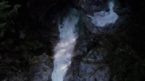 Birds-eye-view-of-water-rushing-down-forest-mountain-stream