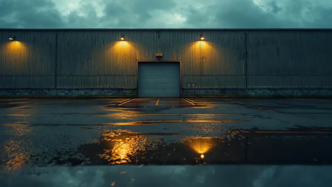 Tilting camera revealing rippling puddle reflections of amber lamps in front of warehouse at dusk