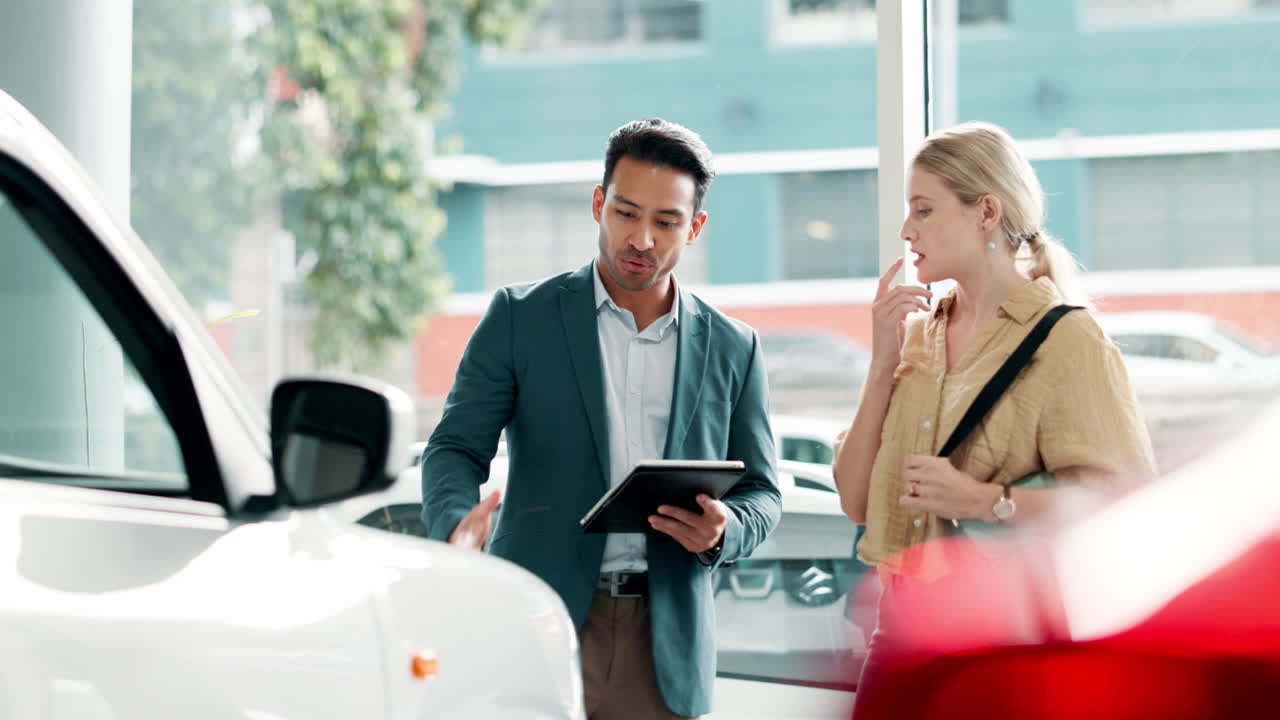 Customer looking at cars with salesman