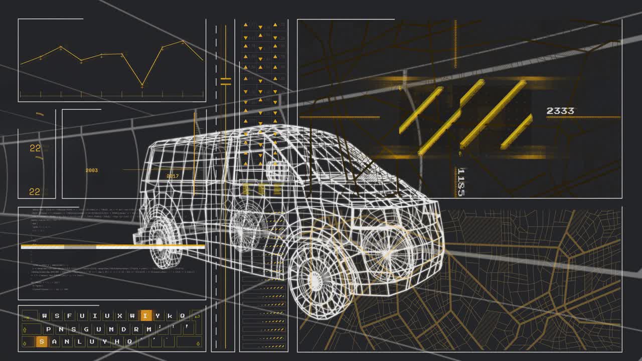 Upon scanning wireframe van, keyboard lighting, gauges incrementing, numbers rising for diagnostics