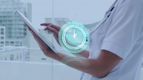 animation of scope scanning and clock over biracial female doctor using tablet