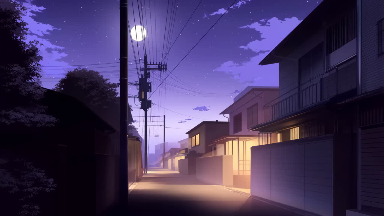 Tranquilla strada giapponese di notte con luna piena
