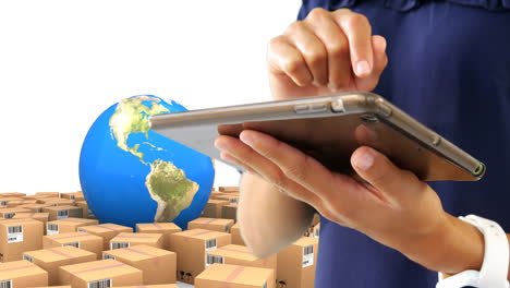 animation of man using tablet with stacks of boxes and globe on white background