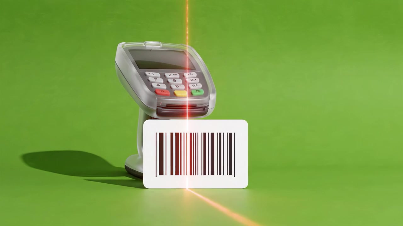 Modern Payment Terminal and Barcode on Green Background for Retail Transactions and Point of Sale Technology in a Manufacturing Setting