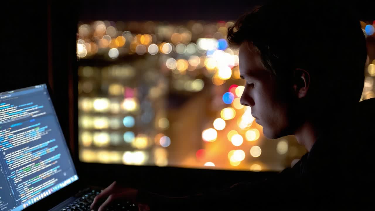 Focused Programmer Working Late at Night, Illuminated by City Lights and Computer Screen, Engaged in Software Development and Code Analysis