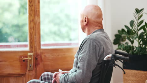 Morning,-wheelchair-and-view-with-a-senior-man-by