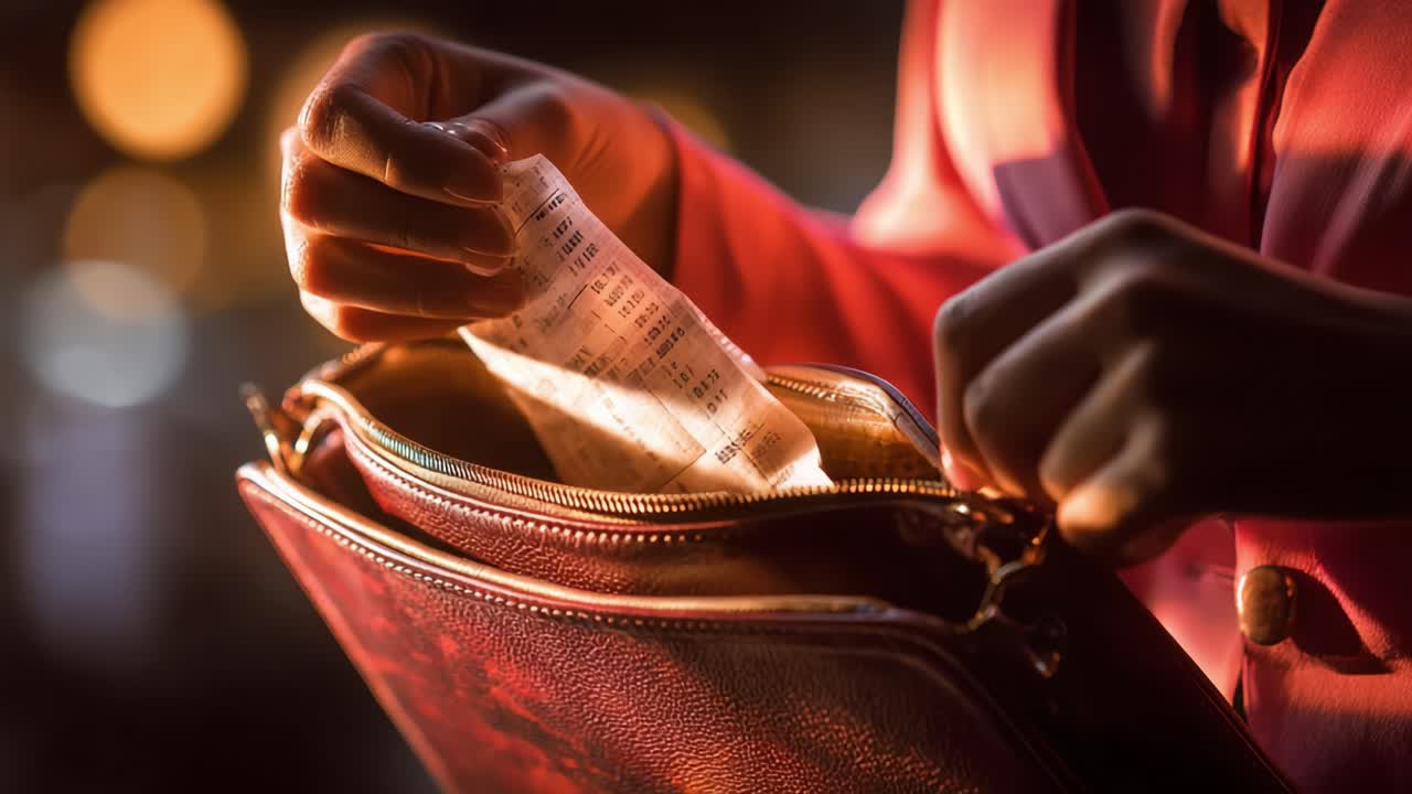 A Close-Up of a Person's Hand Opening a Stylish Handbag to Retrieve a Receipt, Set Against a Softly Blurred Background with Warm Light Effects Evoking a Lively Urban Scene