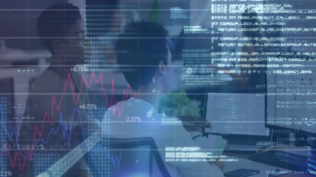 Animation of financial data processing over diverse business people