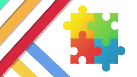 animation of diagonal multicoloured stripes and jigsaw puzzle pieces on white background