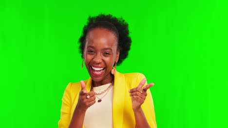 Face,-green-screen-and-black-woman-pointing-to