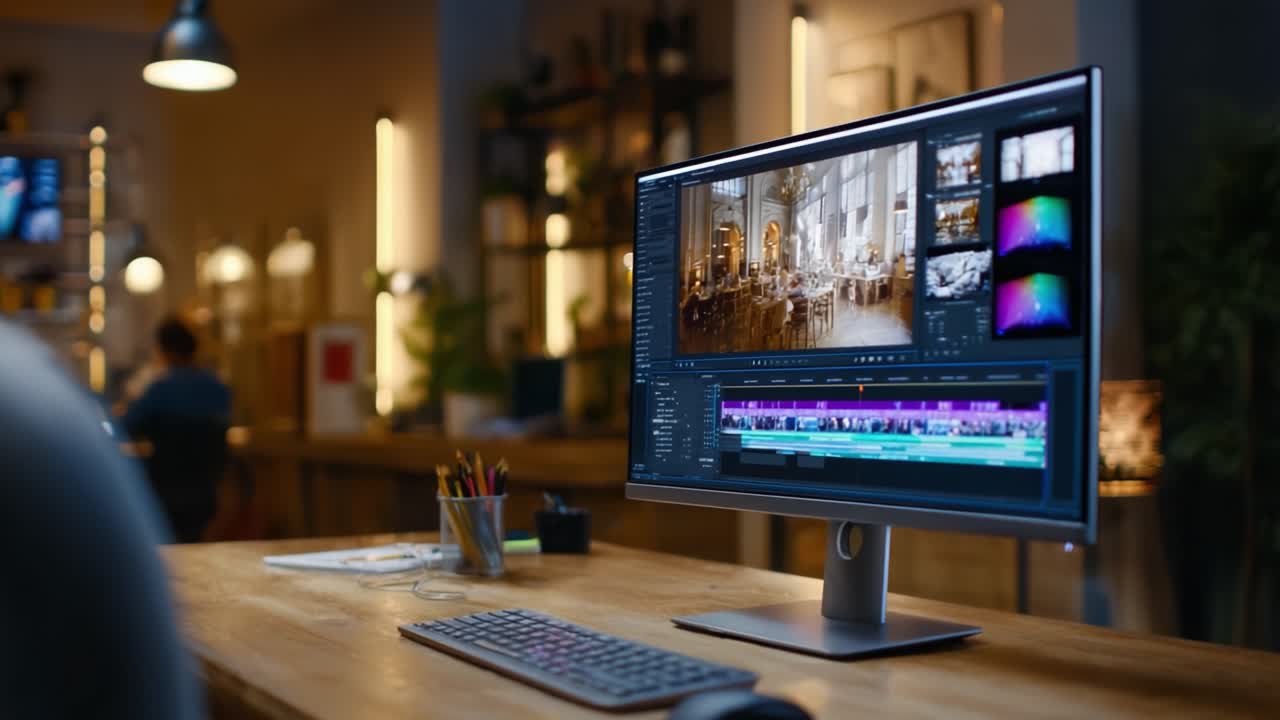 Area di lavoro moderna con uno schermo di computer che modifica clip video con colori vivaci, circondata da interni eleganti e strumenti creativi per professionisti