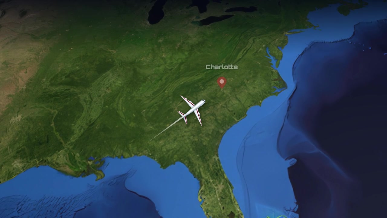 A digital animation tracks a commercial airplane flying from Mexico City to Charlotte, North Carolina