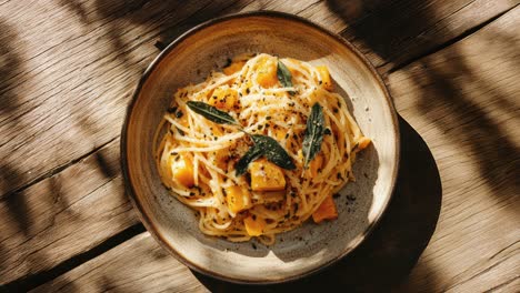 delicious squash and sage pasta on rustic wooden table