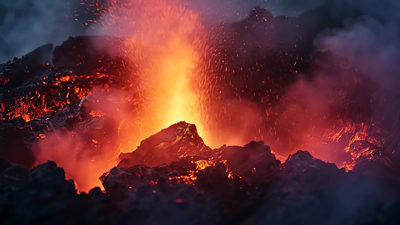 Forcing lava fountain upward by pressure through central vent in crater with glowing droplets