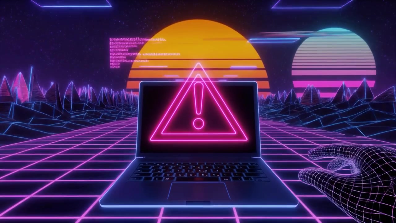 Mano a wireframe che si protende verso un laptop con simbolo di avvertimento al neon in un paesaggio retro synthwave