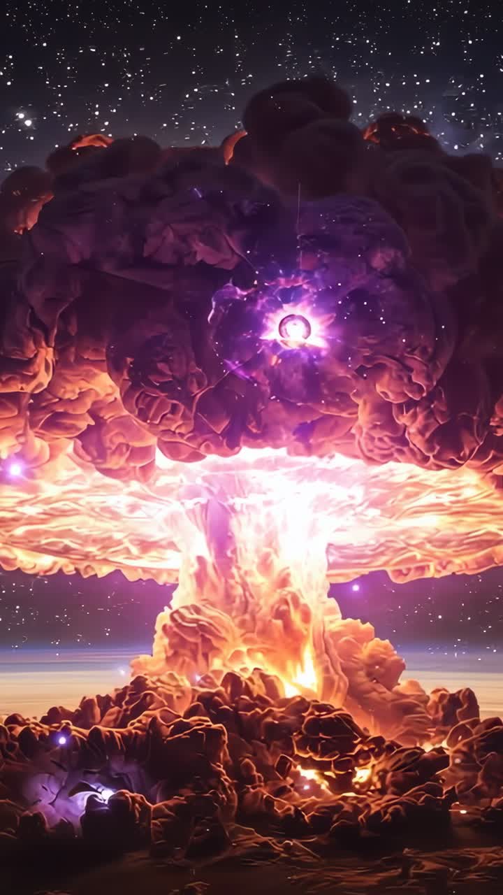 Vertical video: Surging plasma jet forming mushroom cloud in starfield, casting light on purple orb
