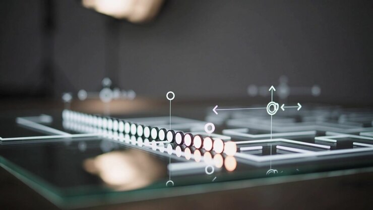 Right-edge activating row of metal spheres lighting leftward on tabletop with HUD