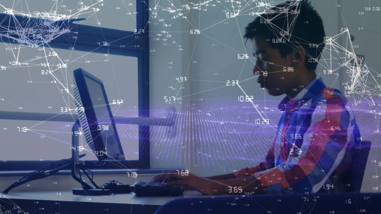 Network of connections and digital wave against boy using computer at school