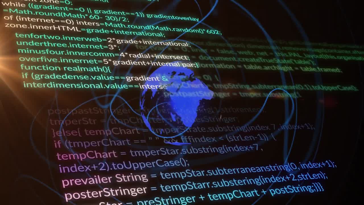 Animation of spiral pattern around globe over computer language and lens flares