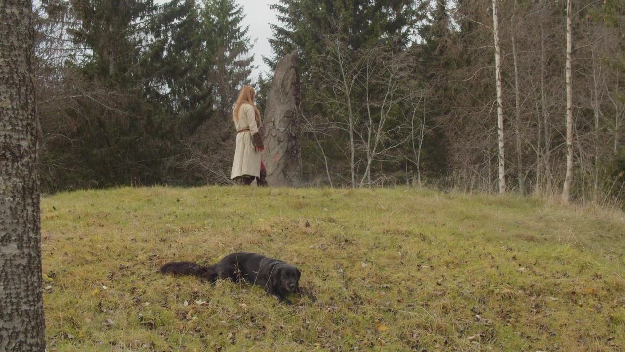 Dönem kıyafetleri içindeki bir Viking kadını, ağaçlarla kaplı sisli bir tepede büyük, gizemli bir ahşap figüre dokunuyor; ön planda siyah bir köpek bir sopa ısırırken sakin, rustik bir atmosfer yaratıyor.