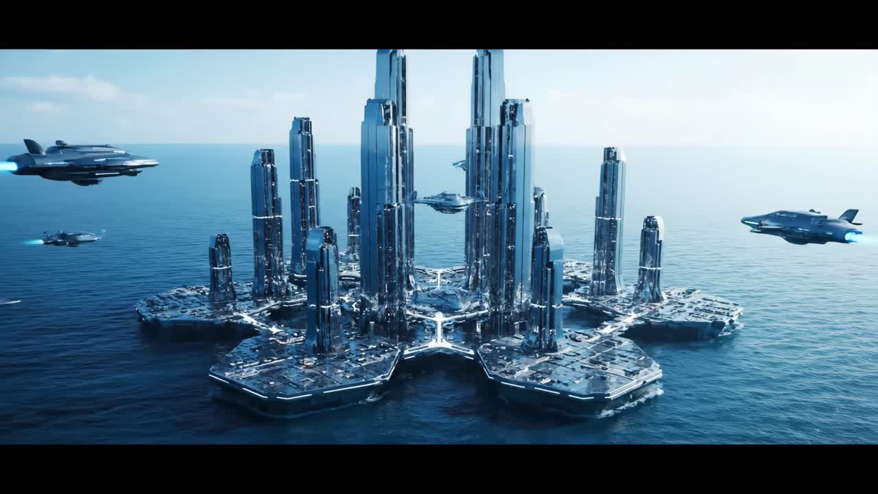 Futuristic Ocean City with Flying Vehicles