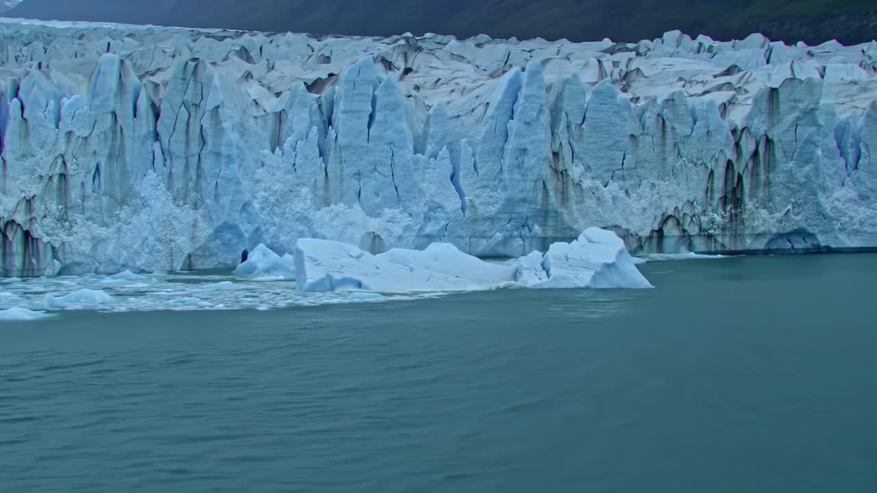 Majestic Glacial Landscape: A Captivating Transition Captured in Two Frames, Showcasing the Strength and Beauty of Ice Formations Against a Calm Water Backdrop