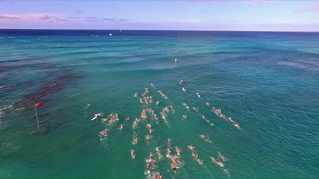 와이키키의 거친 물 속에서 경쟁하는 수영 선수들의 공중 전망