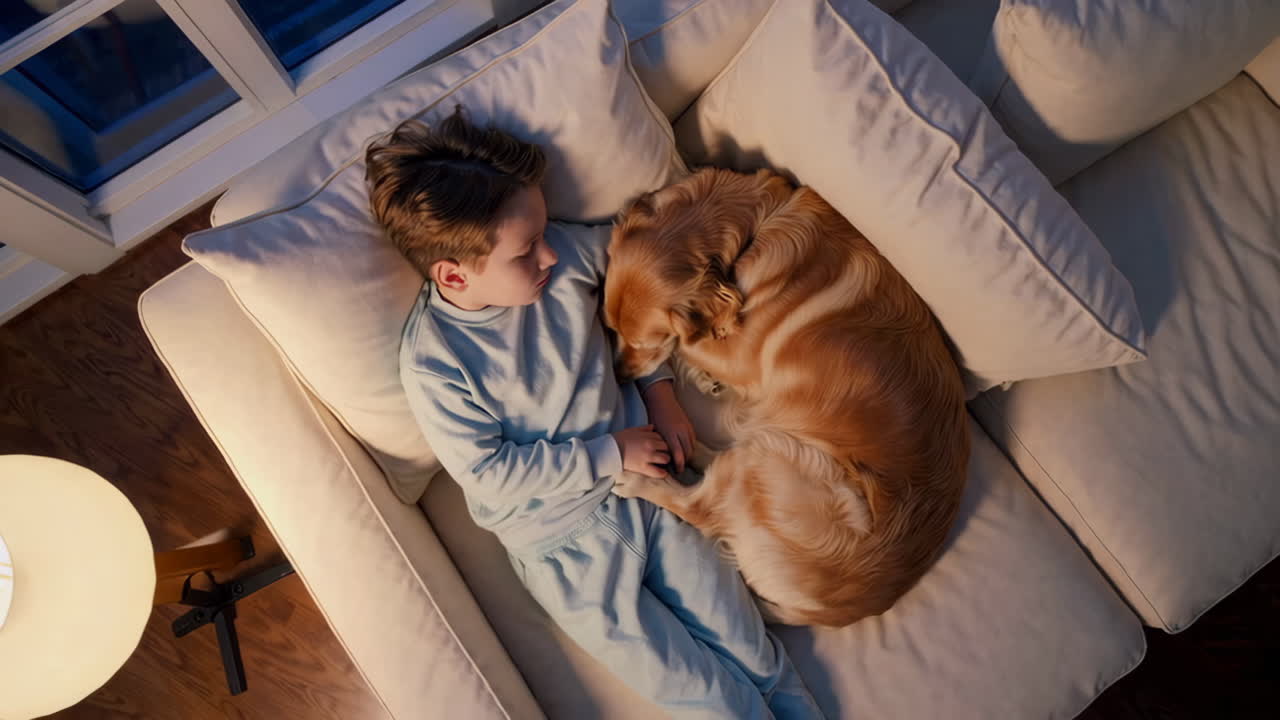 Boy and Golden Retriever Resting Peacefully on Couch