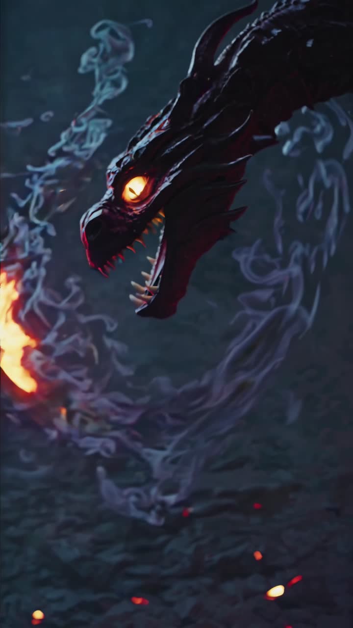Um ângulo dinâmico e em close-up captura uma cabeça de dragão flamejante com olhos brilhantes, evocando um vídeo de fantasia