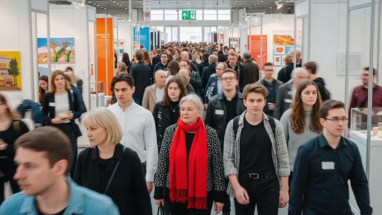 A bustling crowd navigates a vibrant exhibition hall, where art and culture converge, showcasing creativity and connection through shared experiences