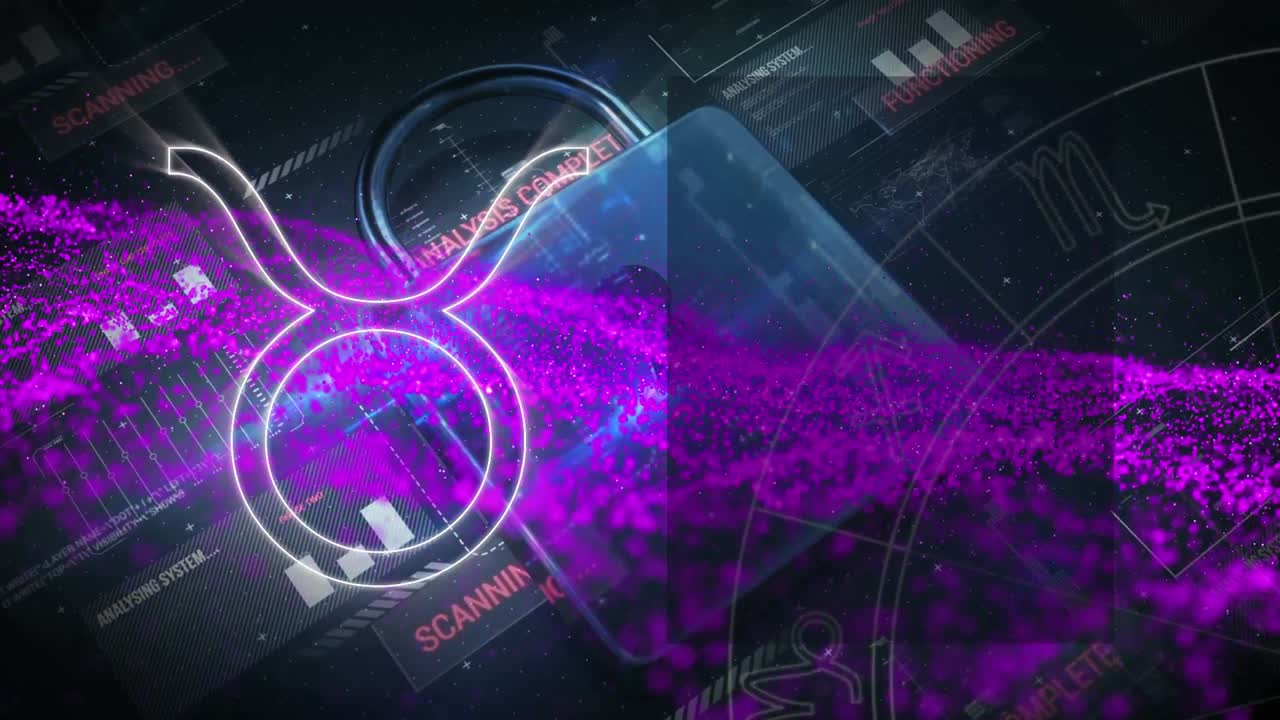 animación de signos y puntos de luz sobre el icono del candado en fondo negro