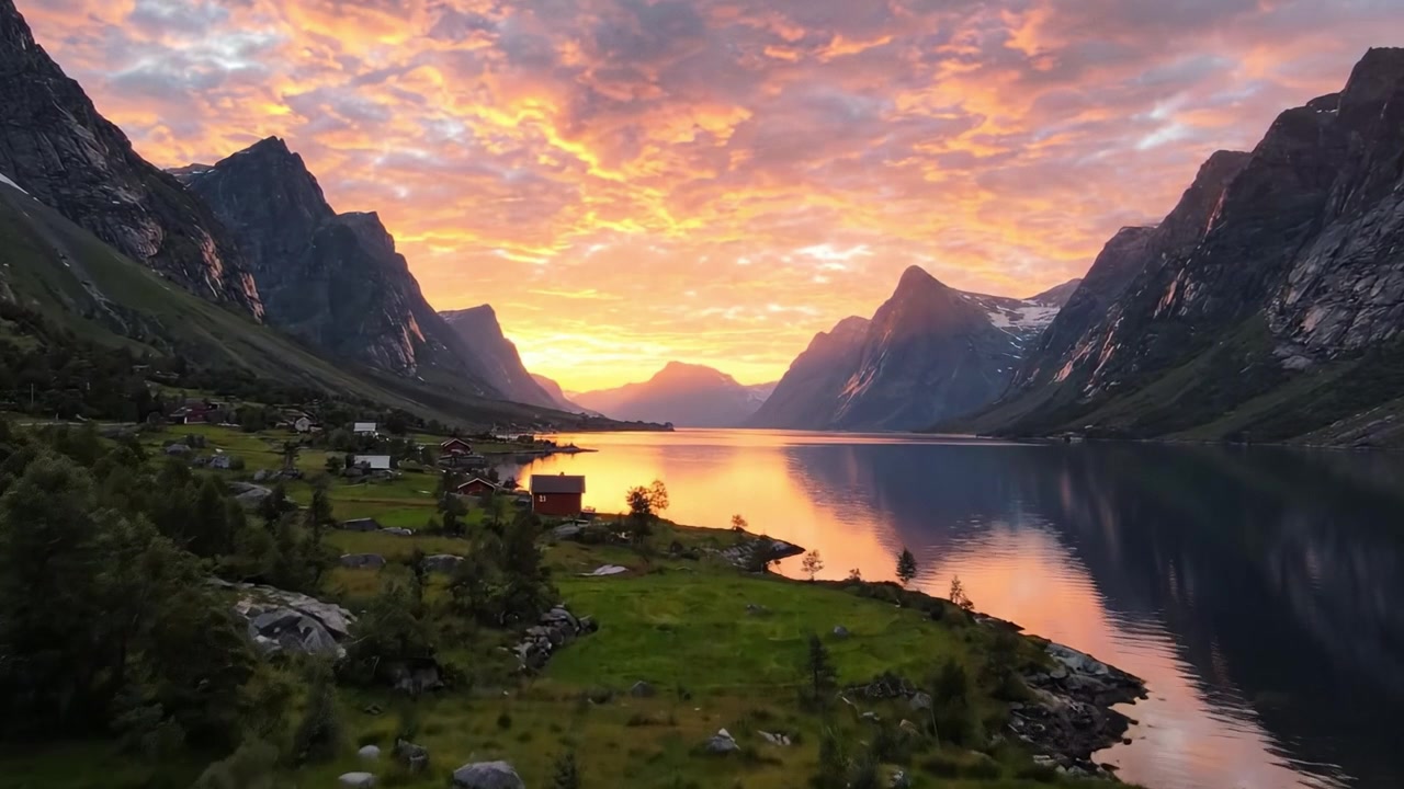 Ein friedlicher Sonnenuntergang über majestätischen Bergen: Faszinierende Ausblicke auf einen ruhigen See und ein gemütliches Häuschen, umgeben von der Pracht der Natur.