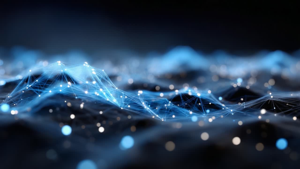 Exploring the Beauty of Abstract Digital Landscapes: A Visual Journey through a Mesmerizing Network of Interconnected Points and Waves Glowing in Blue and White