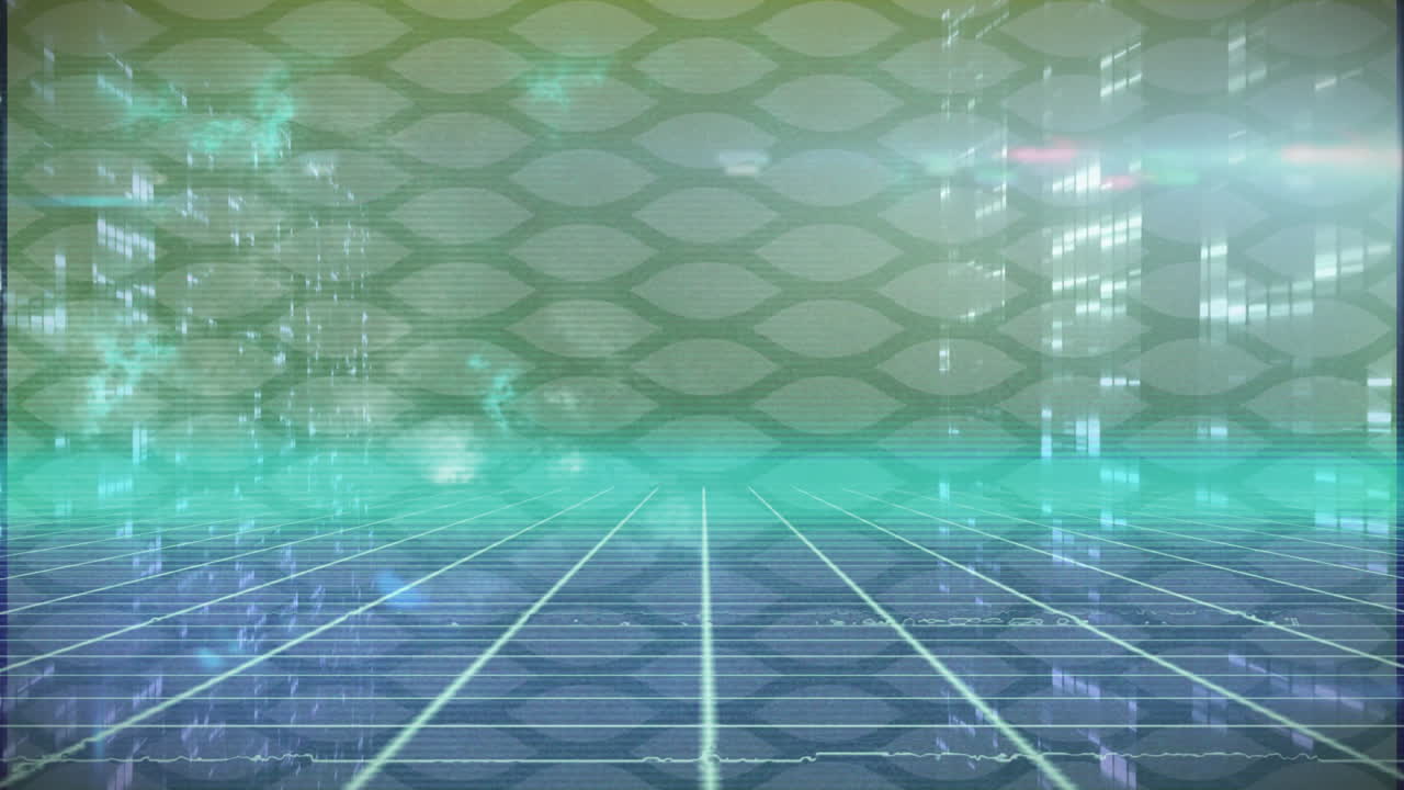 Animation of glowing lines and abstract patterns in futuristic digital grid landscape
